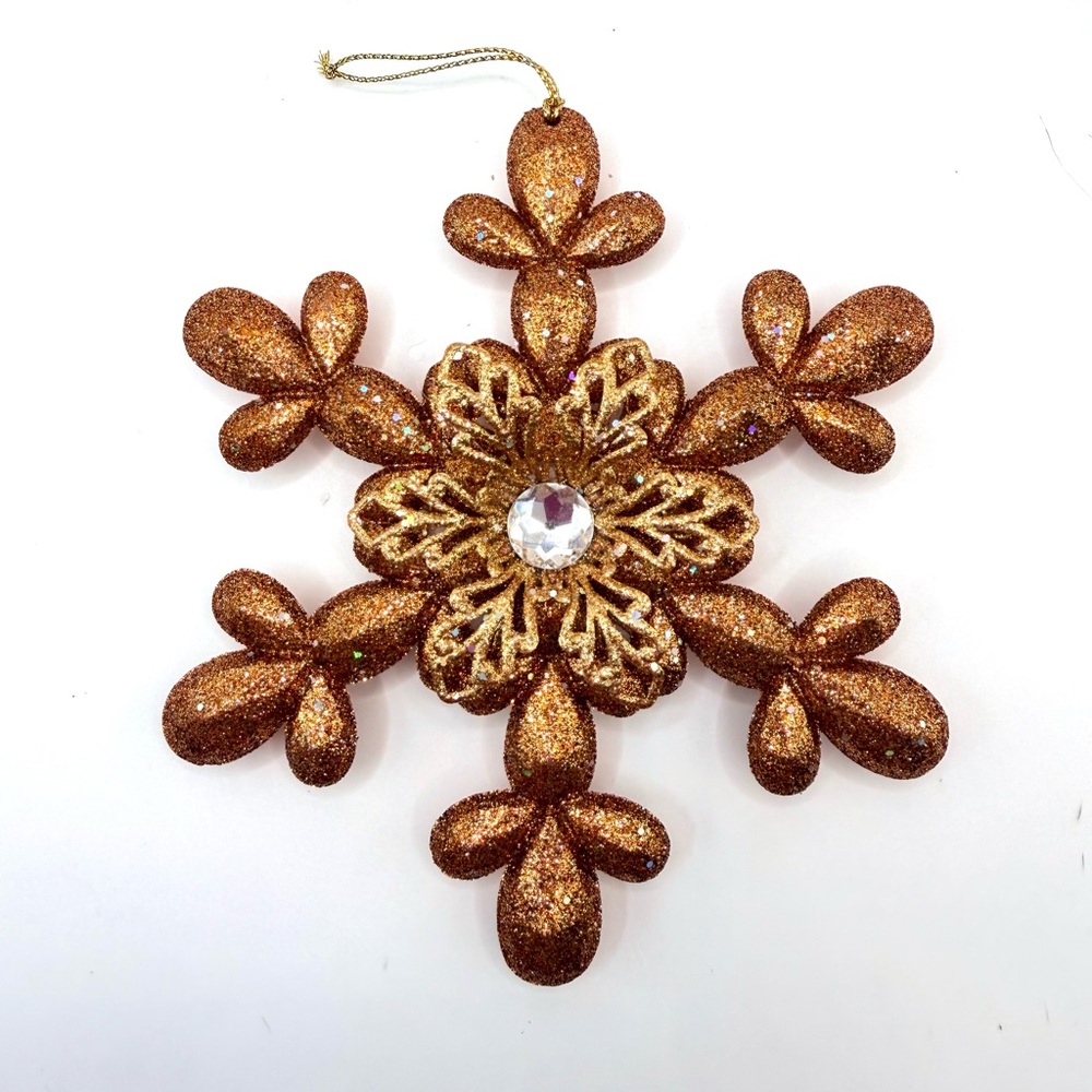 Vintage Large Gold Glitter Snowflake Ornament 5.5”